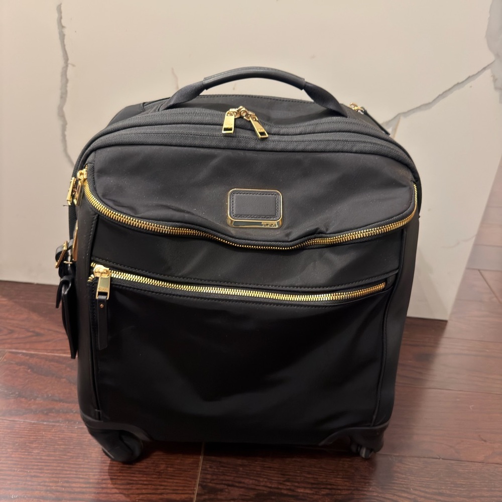 Tumi Voyageur Leger Compact Carry-On Black Travel Bag with Gold Accents